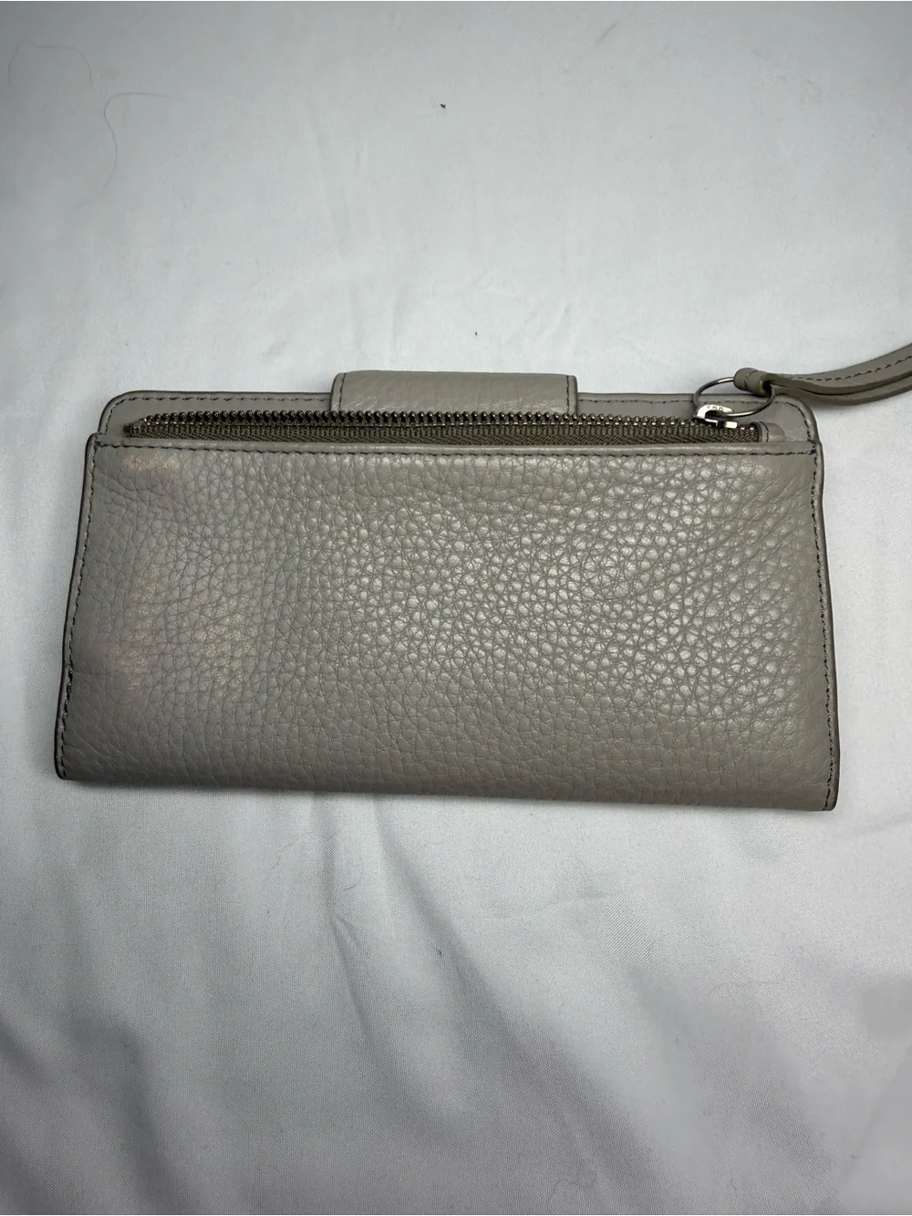 Fossil Gray Pebbled Leather Wristlet Wallet with Pink Trim